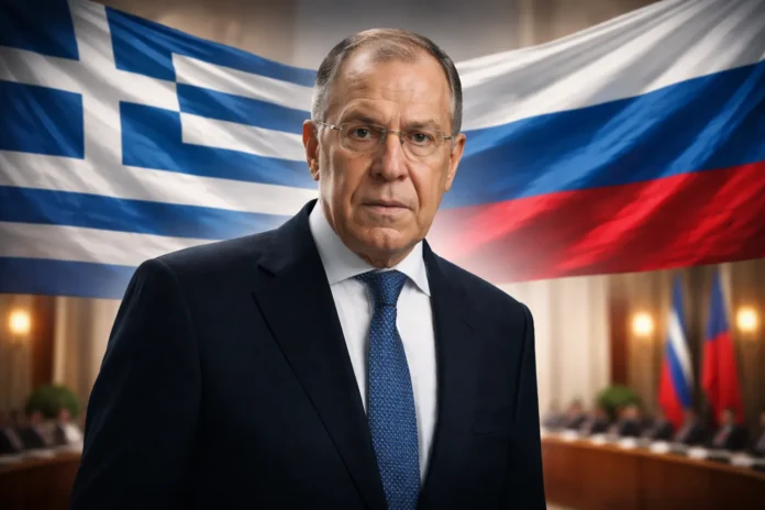 News-style image illustrating diplomatic tensions between Russia and Greece, with symbolic elements of both countries in an institutional setting