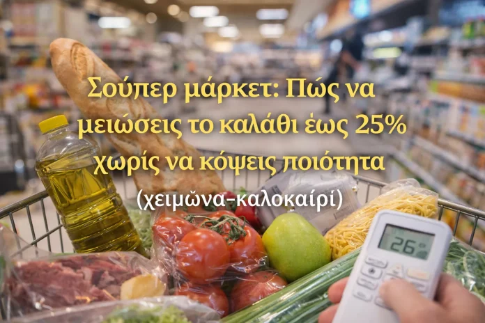 Shopping cart filled with groceries representing household budget savings