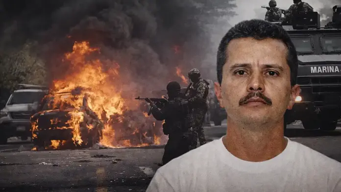 Εικονογραφική σύνθεση για ρεπορτάζ στο Μεξικό με καμένο όχημα, δυνάμεις ασφαλείας στο φόντο και πορτρέτο του «El Mencho» ως στοιχείο ταυτοποίησης του θέματος.