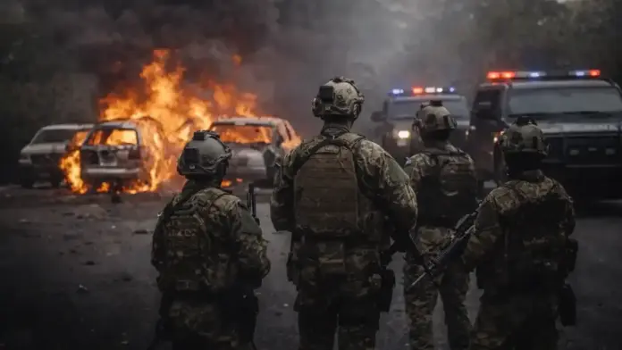 U.S.-style newsroom εικόνα με δυνάμεις ασφαλείας σε δρόμο όπου καίγονται οχήματα και υψώνεται πυκνός καπνός, σε σκηνικό επεισοδίων στο Μεξικό.