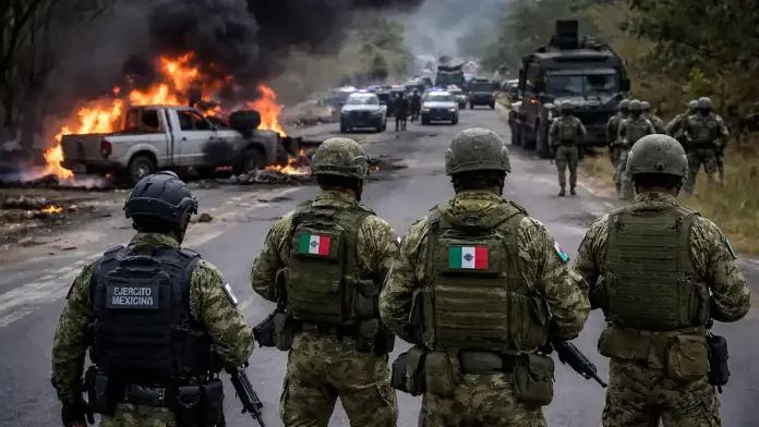 Institutional news-style image of Mexican security forces on a roadway near a burning vehicle and heavy smoke, with additional vehicles and personnel in the background, illustrating a security response in Jalisco.