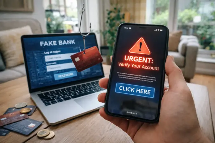Smartphone with a scam warning in front of a laptop at home, illustrating modern online scams and phishing.