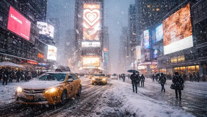 Θεσμική εικόνα από το Times Square στη Νέα Υόρκη με έντονη χιονόπτωση, χιονισμένους δρόμους και ταξί, που αποτυπώνει τις δύσκολες συνθήκες της κακοκαιρίας.