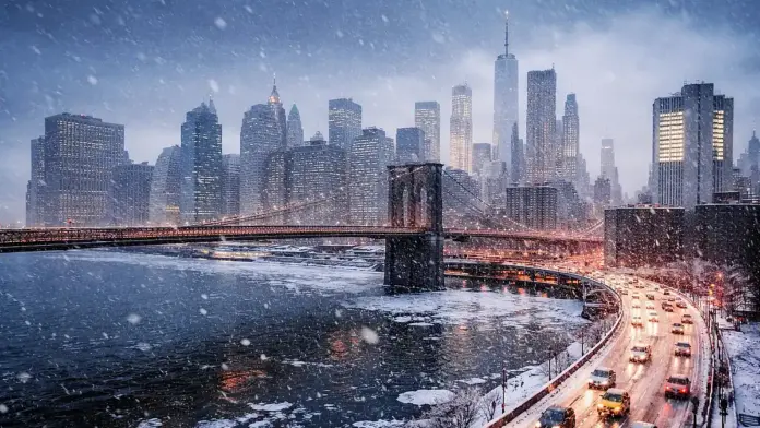 Institutional news-style photo of New York City during heavy snowfall, featuring the Brooklyn Bridge, a snowy roadway with traffic, and the Manhattan skyline in the background.