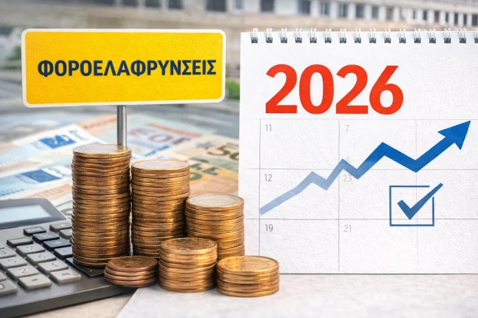 Φοροελαφρύνσεις 2026 με ημερολόγιο, νομίσματα και γραφική άνοδο εισοδήματος.