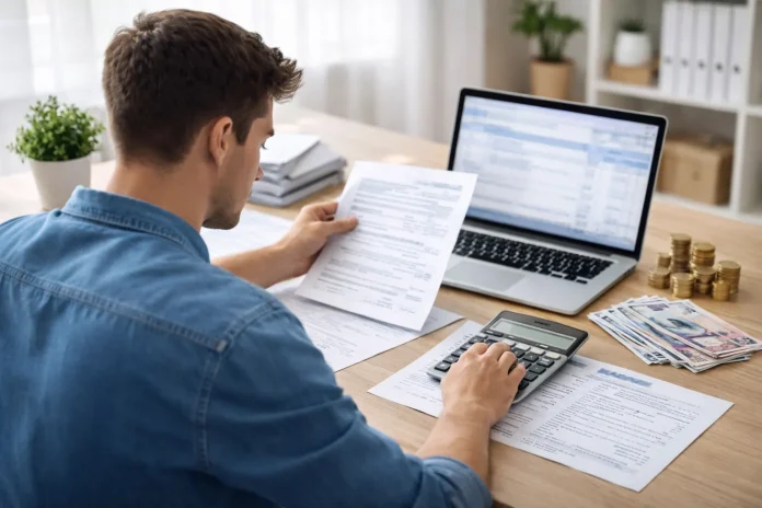 Νεαρός εργαζόμενος σε γραφείο σπιτιού υπολογίζει φορολογικά στοιχεία με αριθμομηχανή και έγγραφα μπροστά σε laptop.
