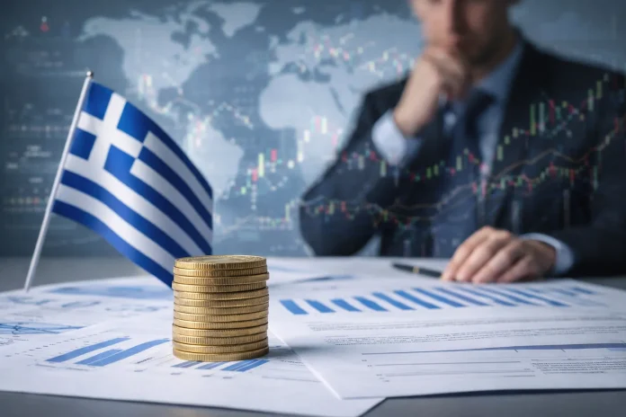 Stack of euro coins on financial charts with a blurred businessperson and Greek flag in the background, symbolizing Greece’s economic outlook.