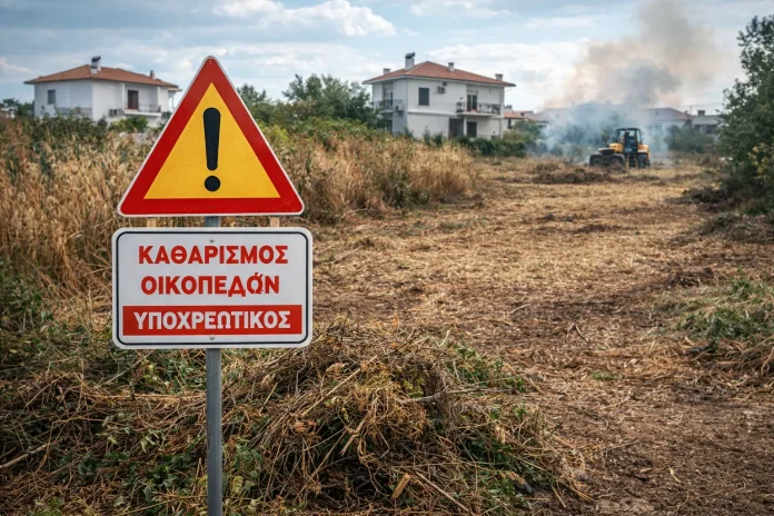 Καθαρισμός οικοπέδου σε κατοικημένη περιοχή με ξερά χόρτα και προειδοποιητική σήμανση για κίνδυνο πυρκαγιάς.