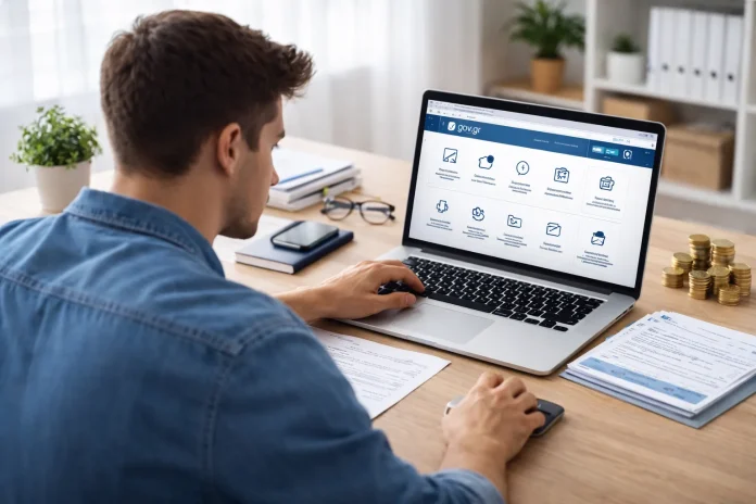 Χρήστης μπροστά σε υπολογιστή χρησιμοποιεί ψηφιακές δημόσιες υπηρεσίες σε φωτεινό γραφείο.
