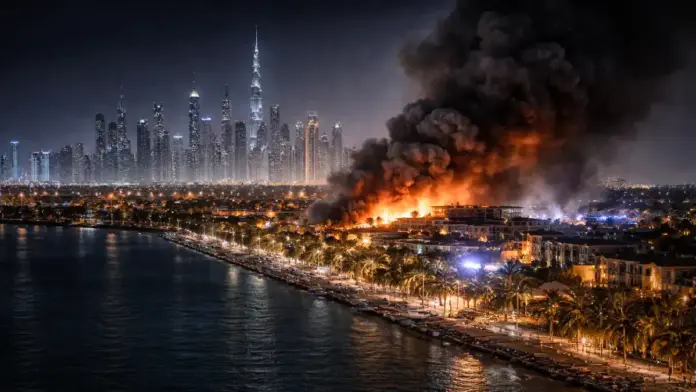 Θεσμική, απλή επιλεγμένη εικόνα για ένταση στον Κόλπο με επίκεντρο το Ντουμπάι: νυχτερινός ορίζοντας πόλης με διακριτικό καπνό/φως στο βάθος, χωρίς κείμενο και με ασφαλή περιθώρια για περικοπή 16:9.