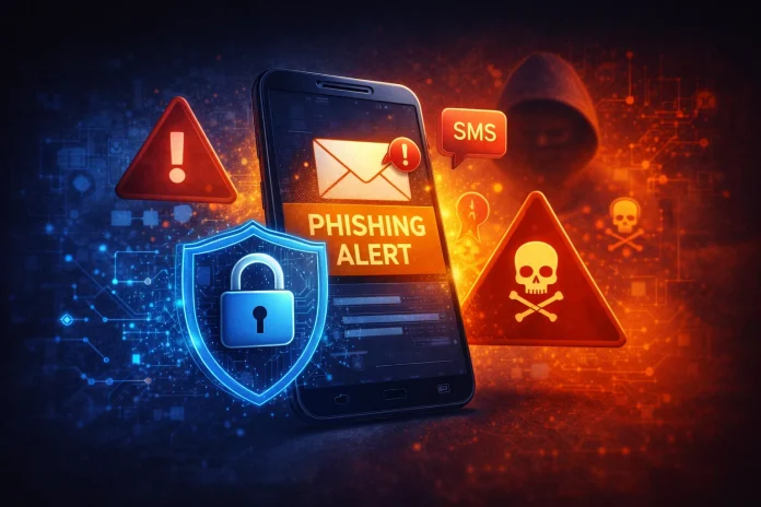 Illustration about online scams and cybersecurity featuring warning symbols, a smartphone, and digital protection