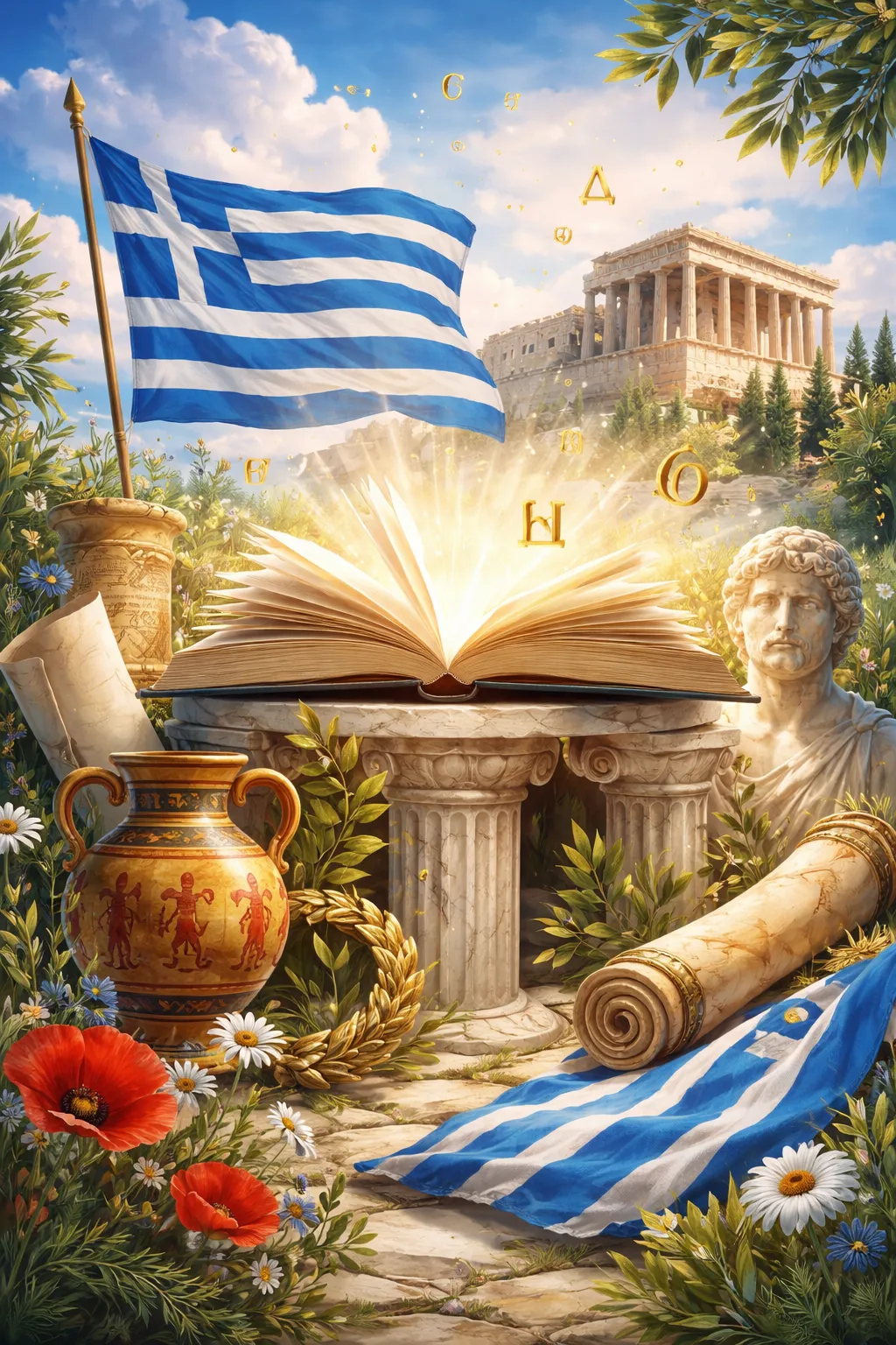 Συμβολική σύνθεση με αρχαιοελληνικά στοιχεία, ανοιχτό βιβλίο και ελληνική σημαία για την Παγκόσμια Ημέρα Ελληνικής Γλώσσας