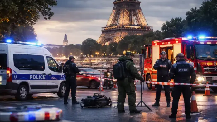 Θεσμική εικόνα δημόσιας ασφάλειας στο Παρίσι με αστυνομικά οχήματα, κορδέλα αποκλεισμού και δυνάμεις επέμβασης μπροστά από εμβληματικό σημείο της πόλης.