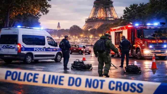 Emergency response scene in Paris at dusk with police vehicles, safety perimeter tape, and flashing lights near a landmark, illustrating bomb threat alerts and precautionary security checks.