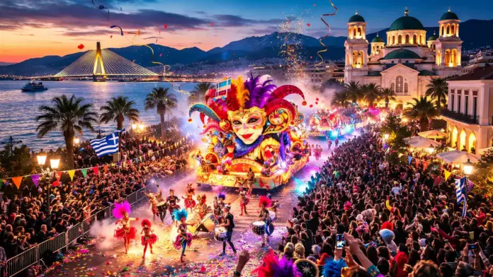 Wide twilight view of the Patras Carnival Grand Parade with dense crowds along the waterfront boulevard, illuminated floats, and festive lighting, representing the event’s peak in Patras.