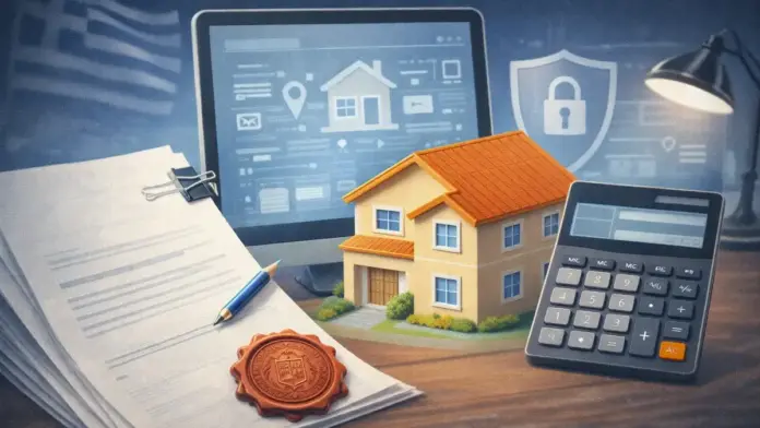 Θεσμική εικόνα με μακέτα σπιτιού πάνω σε γραφείο, έγγραφα χωρίς κείμενο, σφραγίδα και ψηφιακή οθόνη στο φόντο, που συμβολίζει την ψηφιακή αποτύπωση ιδιοκτησίας.