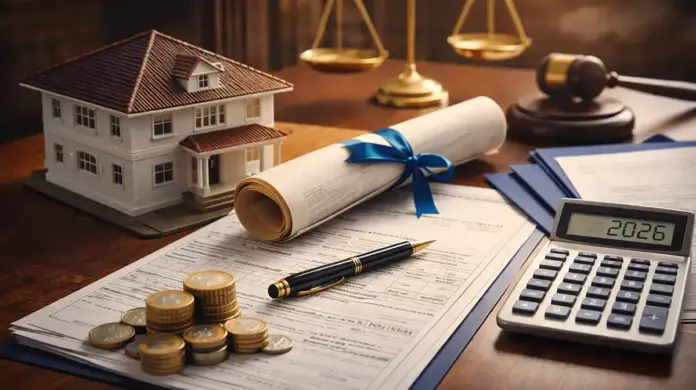 Θεσμική εικόνα με μακέτα σπιτιού, έγγραφα ιδιοκτησίας, στυλό, ευρώ και αριθμομηχανή σε γραφείο, συμβολίζοντας δηλώσεις και μεταβιβάσεις περιουσίας το 2026.
