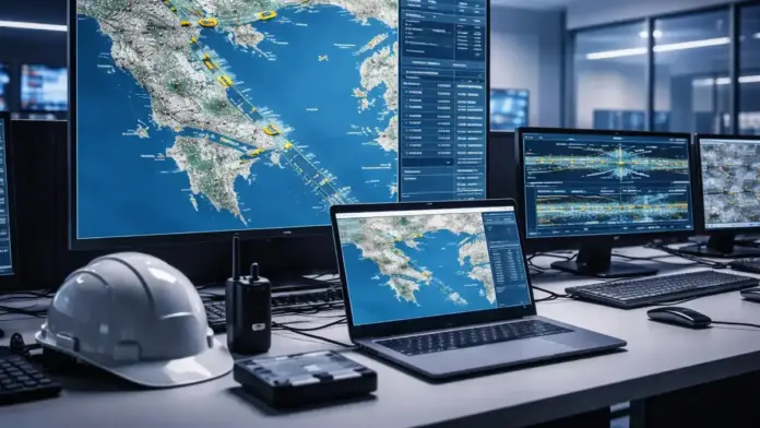 Θεσμική εικόνα κέντρου ελέγχου σιδηροδρόμων με οθόνες παρακολούθησης δικτύου και χάρτη, σε περιβάλλον γραφείου, χωρίς τίτλους ή κείμενο πάνω στην εικόνα.
