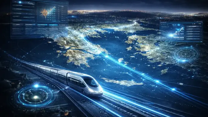 High-tech, text-free illustration of Greece’s rail network monitoring: glowing route lines over a map-like landscape with a modern train in the foreground and abstract data panels, framed for 16:9 cropping.
