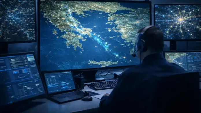 Θεσμική εικόνα χειριστή σε κέντρο ελέγχου σιδηροδρόμων, με μεγάλες οθόνες εποπτείας και χαρτογραφική απεικόνιση του δικτύου στην Ελλάδα, χωρίς τίτλους ή κείμενο πάνω στην εικόνα.