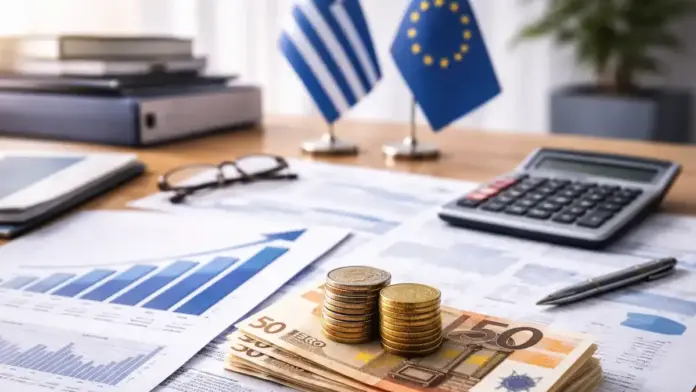 Institutional office scene with euro banknotes and stacked euro coins on a desk beside budget documents, a calculator, and blurred Greek and EU flags in the background; no text overlay.