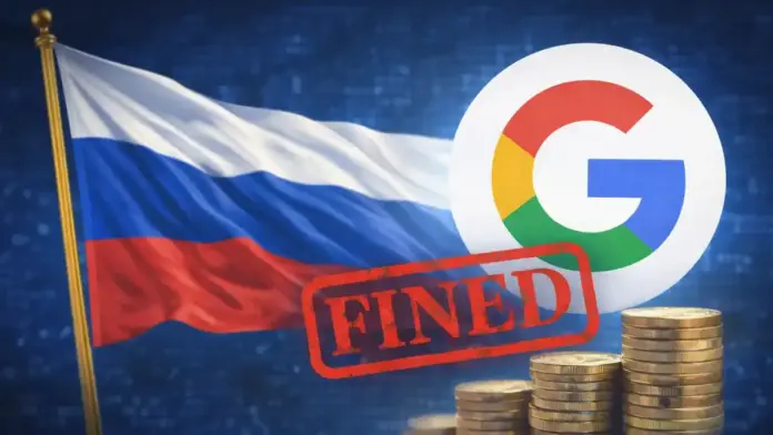 Editorial illustration with the Russian flag, the Google logo, and stacked coins, symbolizing a Russia–Google dispute over fines tied to YouTube access and channel restrictions.