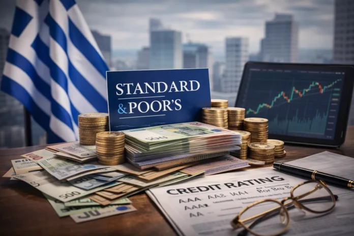 Χρηματοοικονομικά έγγραφα αξιολόγησης, στοίβες χρημάτων και οθόνη με γράφημα αγορών που συμβολίζουν την αξιολόγηση της ελληνικής οικονομίας