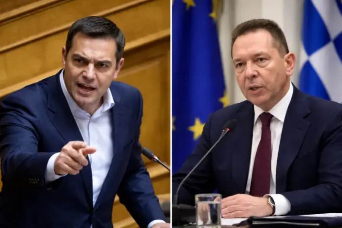 Alexis Tsipras and Bank of Greece Governor Yannis Stournaras in a split-frame image reflecting political dispute over Greece’s 2015 economy