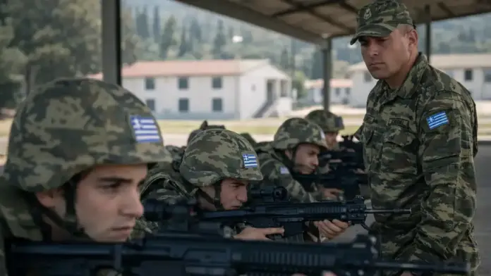 Θεσμική φωτογραφία εκπαίδευσης στρατευσίμων σε πεδίο βολής, με εκπαιδευτή να επιβλέπει άσκηση, που αποτυπώνει το πλαίσιο στρατιωτικής θητείας και την έμφαση στην εκπαίδευση.