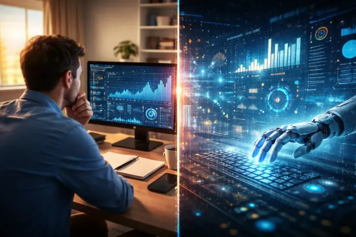 Worker in front of digital interface with algorithmic data overlays symbolizing the impact of technology on work