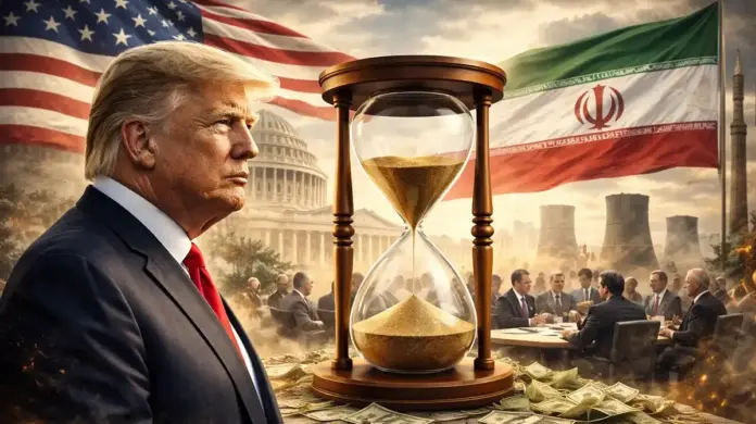 Editorial-style illustration of Donald Trump in profile with an hourglass symbolizing a 10-day deadline, set against U.S. and Iranian flags and a diplomacy backdrop.