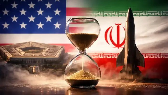 Θεσμική εικονογραφημένη εικόνα με κλεψύδρα στο κέντρο ανάμεσα στις σημαίες ΗΠΑ και Ιράν, με συμβολικά στοιχεία χρονικής πίεσης και κλιμάκωσης.