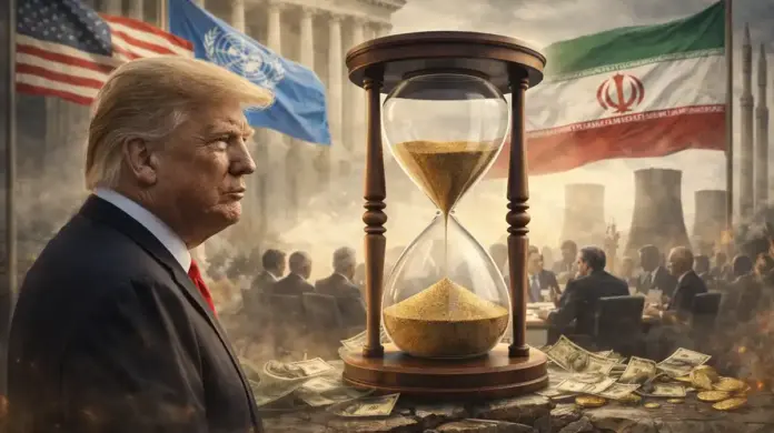 Συμβολική εικονογράφηση με τον Ντόναλντ Τραμπ σε προφίλ, κλεψύδρα, διπλωματικό τραπέζι και φόντο σημαίες ΗΠΑ–ΟΗΕ–Ιράν, σε θέμα «παράθυρο» 10 ημερών.