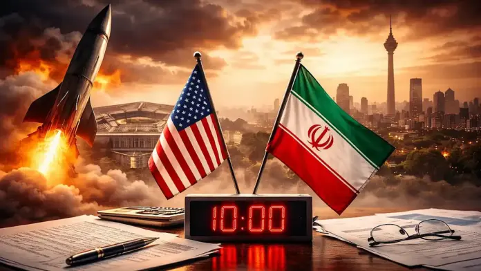 Editorial-style illustration showing U.S. and Iranian flags on a negotiation table with documents and a countdown clock, symbolizing a time-limited diplomatic window amid rising tensions.