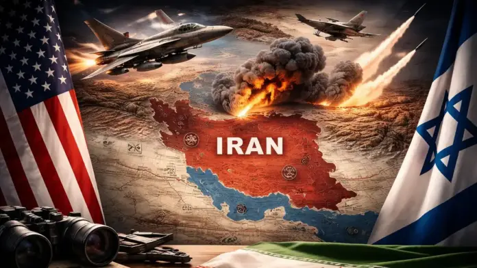 American-style, institutional news image for the U.S.–Israel–Iran crisis: a Middle East map on a briefing table with flags subtly framing the scene and neutral newsroom lighting, composed with safe margins for 16:9 cropping and no text overlay.