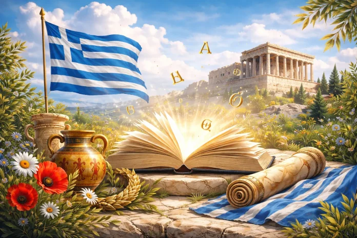 Καλλιτεχνική απεικόνιση ελληνικού πολιτισμού με ανοιχτό βιβλίο και αρχαιοελληνικά σύμβολα για την Παγκόσμια Ημέρα Ελληνικής Γλώσσας