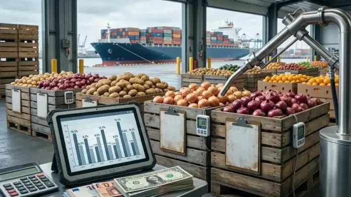 A wide-angle view of a global logistics hub featuring wooden crates of wholesale produce, international currency bills, and a digital tablet showing economic charts, while a fuel loading arm represents rising energy costs in the 2026 inflation crisis.