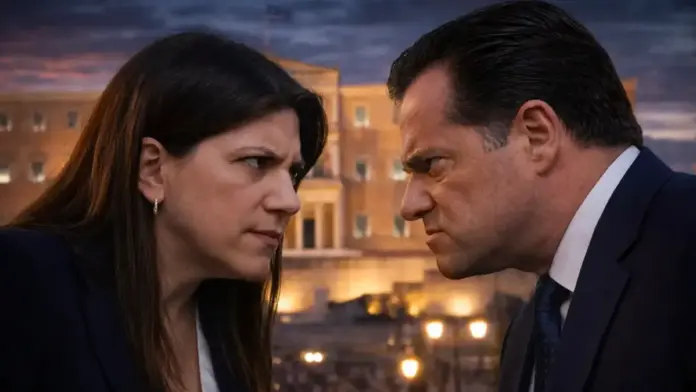 Zoe Konstantopoulou and Adonis Georgiadis in a tense political face-off outside the Greek Parliament