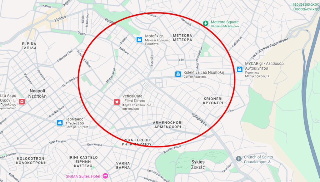 Χάρτης με κόκκινη ακτίνα στη ζώνη Μετέωρα Πολίχνης Θεσσαλονίκης όπου καταγράφηκαν μεγάλες διαφορές στις τιμές της πιπεριάς