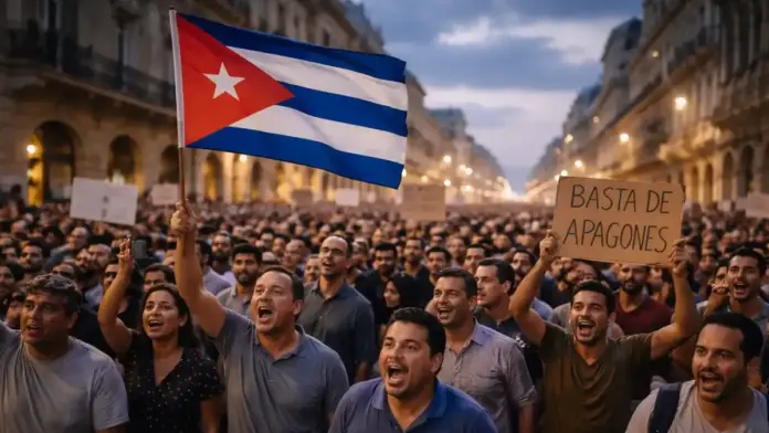 Editorial image of a large protest crowd in Cuba protests during a period of social and energy crisis.