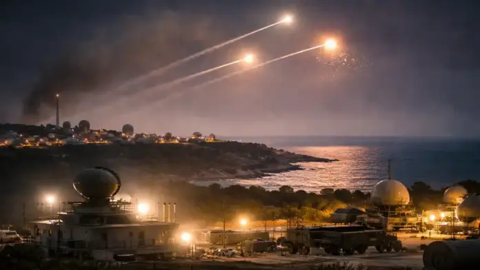 Ενδεικτική, συμβολική εικόνα νυχτερινής αντιαεροπορικής δραστηριότητας πάνω από παράκτια εγκατάσταση στην Ανατολική Μεσόγειο: φωτεινές τροχιές αναχαίτισης στον ουρανό, φωτισμένες υποδομές και θάλασσα στο βάθος, χωρίς κείμενο, με safe περιθώρια για 16:9 cropping.