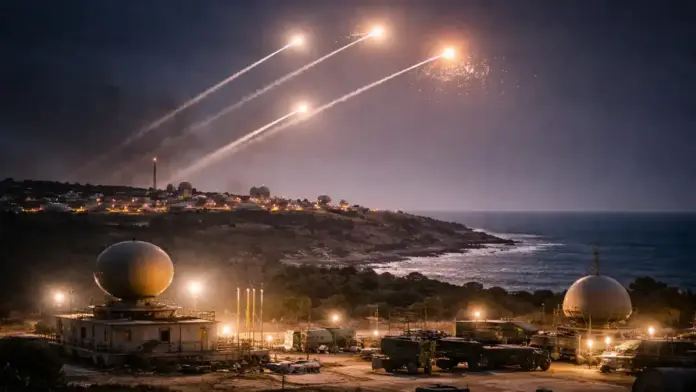 llustrative, text-free featured image: a nighttime coastal landscape in the Eastern Mediterranean with distant interceptor trails and softly lit radar-style domes and vehicles in the foreground; no identifiable people, no signage; composed with safe margins for 16:9 cropping.
