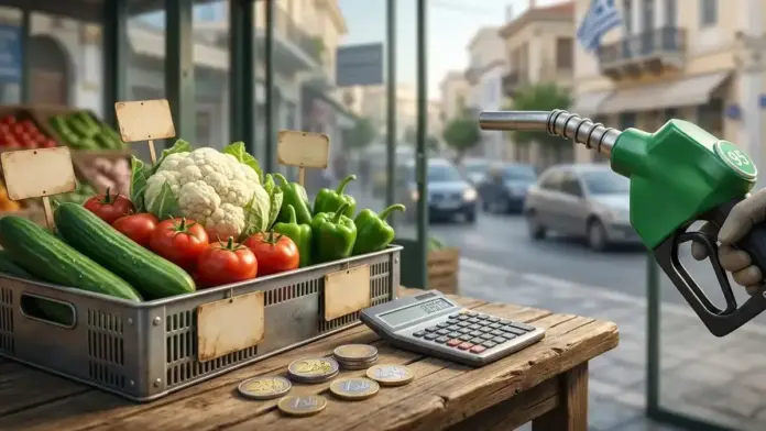 Ένας πάγκος λαϊκής αγοράς με φρέσκα λαχανικά, όπως αγγούρια, ντομάτες και κουνουπίδι, δίπλα σε κέρματα ευρώ και μια αντλία βενζίνης, αποτυπώνοντας την οικονομική πίεση στα νοικοκυριά το 2026.