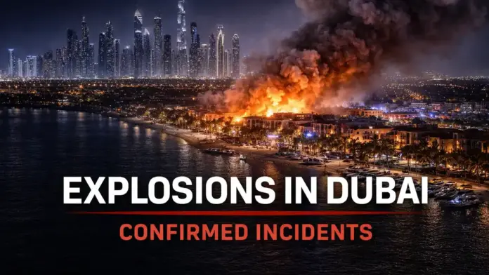 US-style, institutional featured image for a verification-first report on the Gulf alert: Dubai skyline at night with a distant, non-specific glow and smoke on the horizon, no text, composed with generous safe margins for 16:9 cropping.