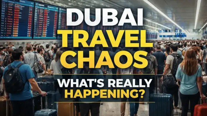Crowded airport scene in Dubai with stranded travelers, luggage, and large departure boards during a major flight disruption, presented in a bold editorial visual for a travel crisis explainer.