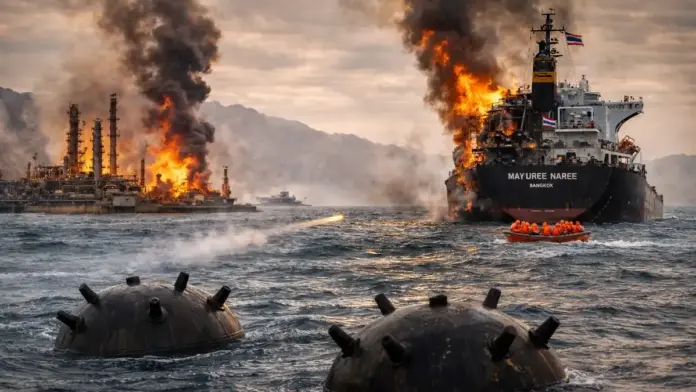 Institutional illustration of strikes on energy infrastructure and a commercial vessel hit in the Strait of Hormuz. Strait of Hormuz energy infrastructure strikes