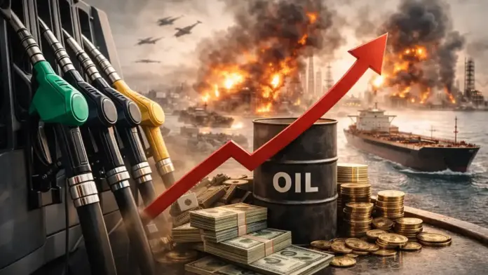 A clean, institutional image that connects the story in one glance: fuel pump nozzles up front, with shipping and energy infrastructure in the background—showing how conflict risk in global routes can push fuel prices higher.