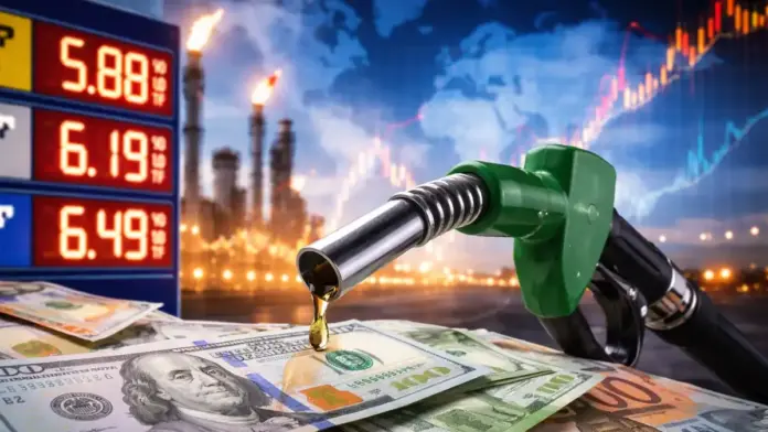 Strong featured image showing rising global fuel prices with a fuel nozzle, refinery backdrop, price board, and mixed dollar and euro banknotes