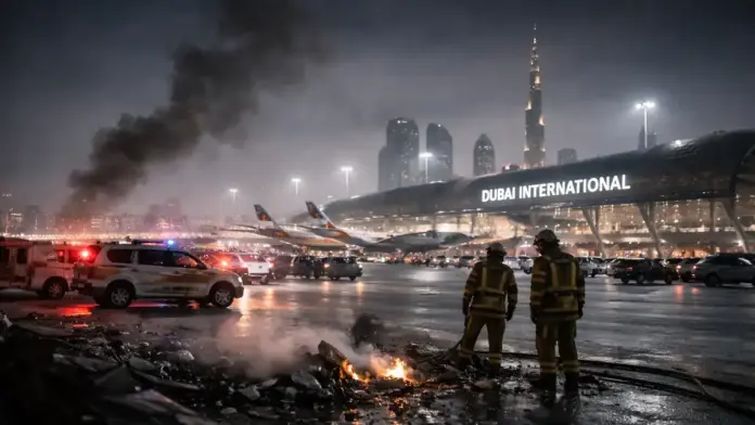 Text-free, restrained newsroom-style featured image: nighttime airport perimeter with emergency vehicles and responders in the foreground, a distant smoke plume on the horizon, and a softly lit skyline in the background; no visible signage or text; composed with safe margins for 16:9 cropping.