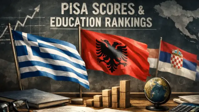 Θεσμική κινηματογραφική εικόνα για Ελλάδα, Αλβανία και Βαλκάνια με έμφαση στις συγκρίσεις PISA, την εκπαίδευση και τις διεθνείς μαθησιακές επιδόσεις